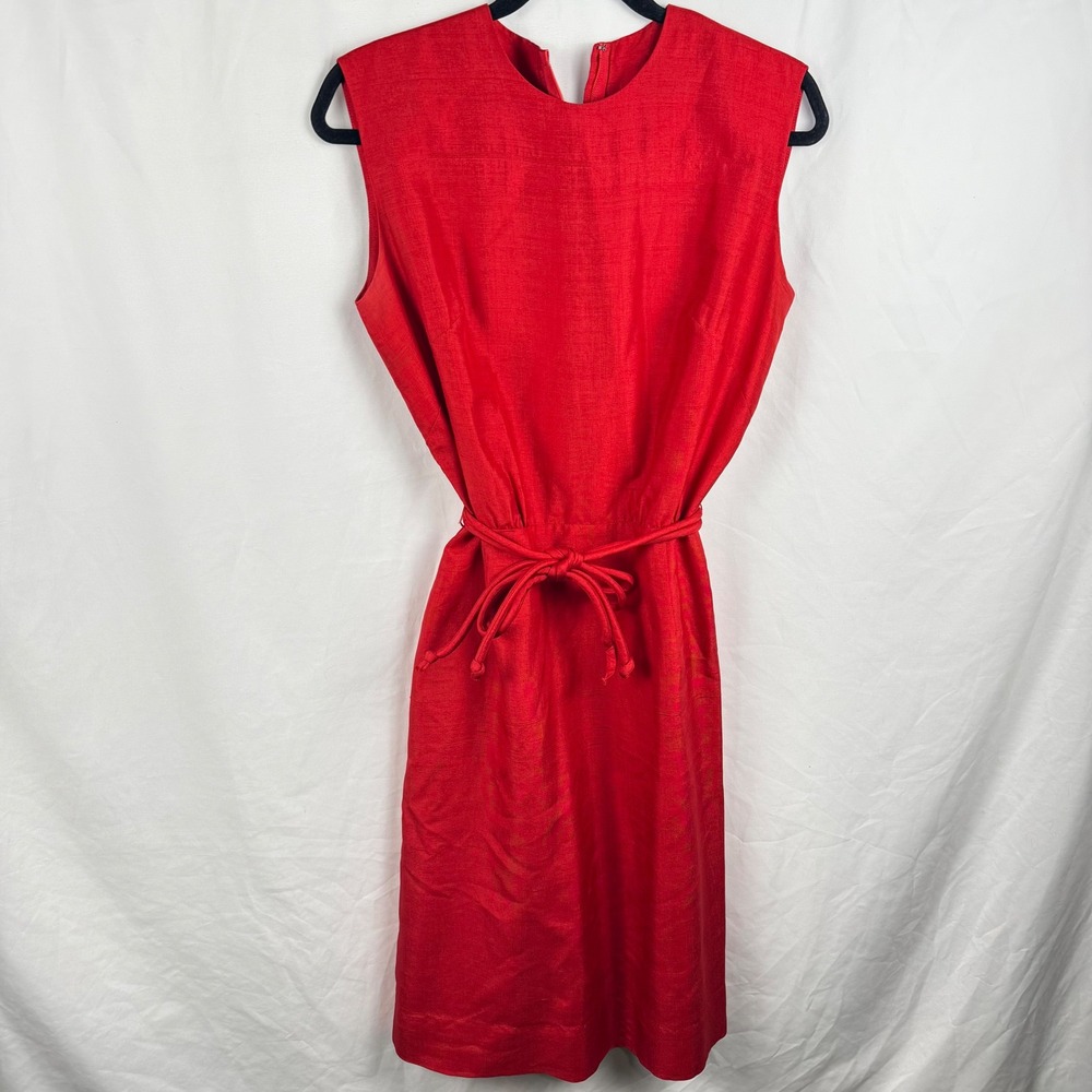Vintage Mancini Red Belted Knee-Length Dress S/M‎ Classic Timeless Bright Retro